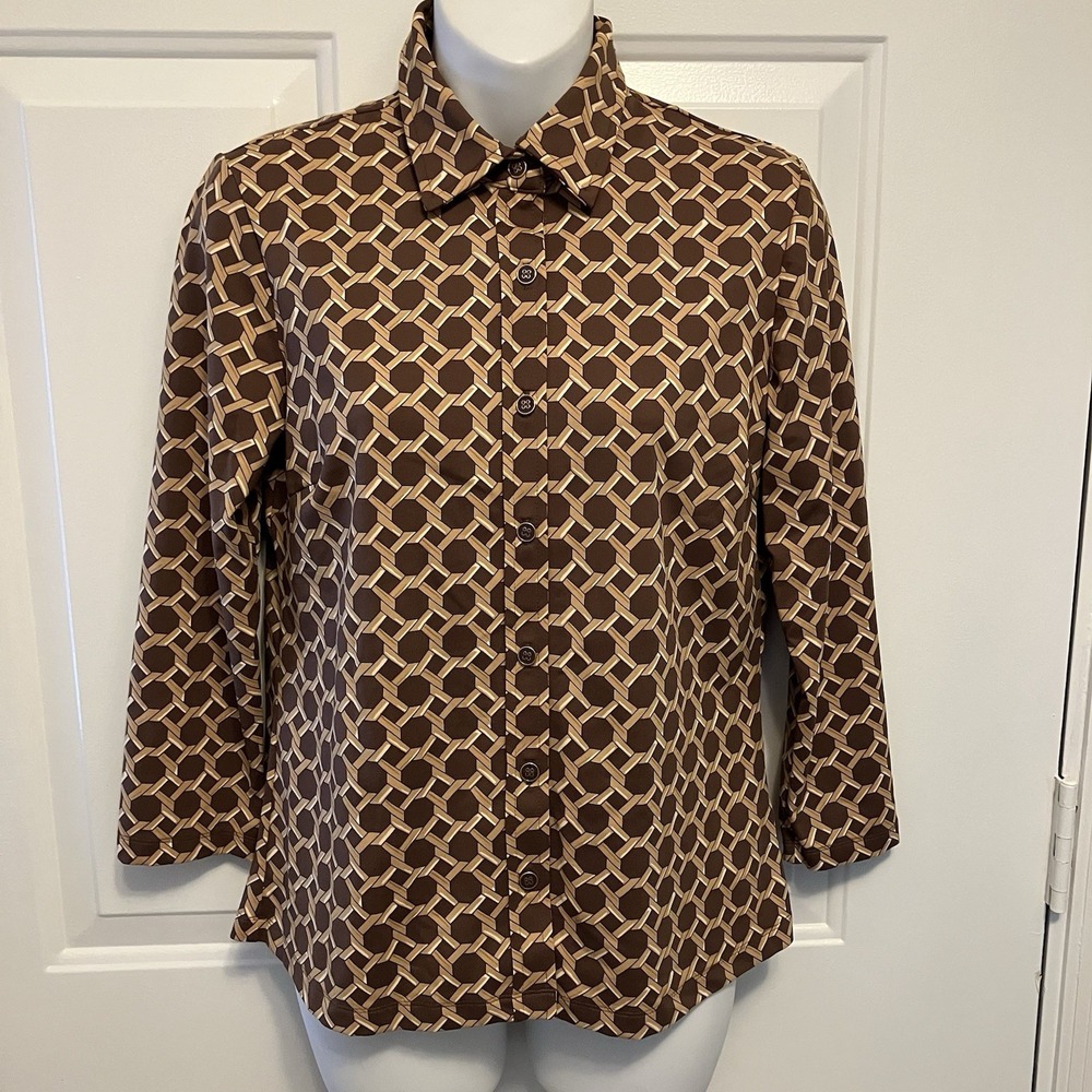 NWT J Mclaughlin Size XS Brown Gold Long Sleeve Button‎ Down Raising Cane Shirt